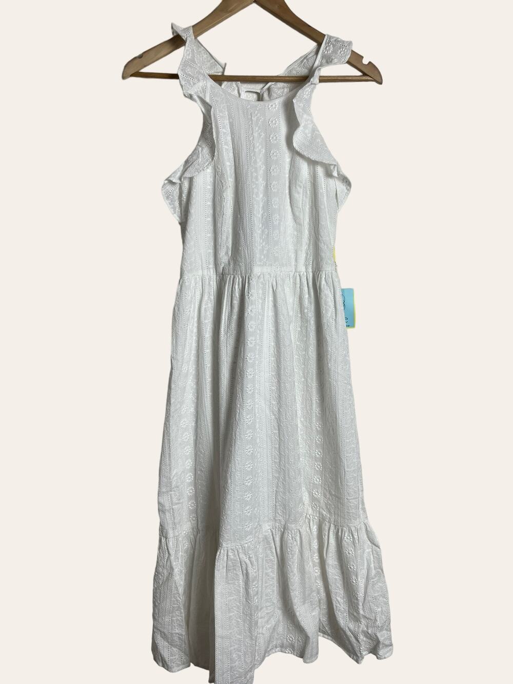 Cece White Eyelet Embroidered Atrapoy Ruffled Sleeveless Midi Dress Size 0